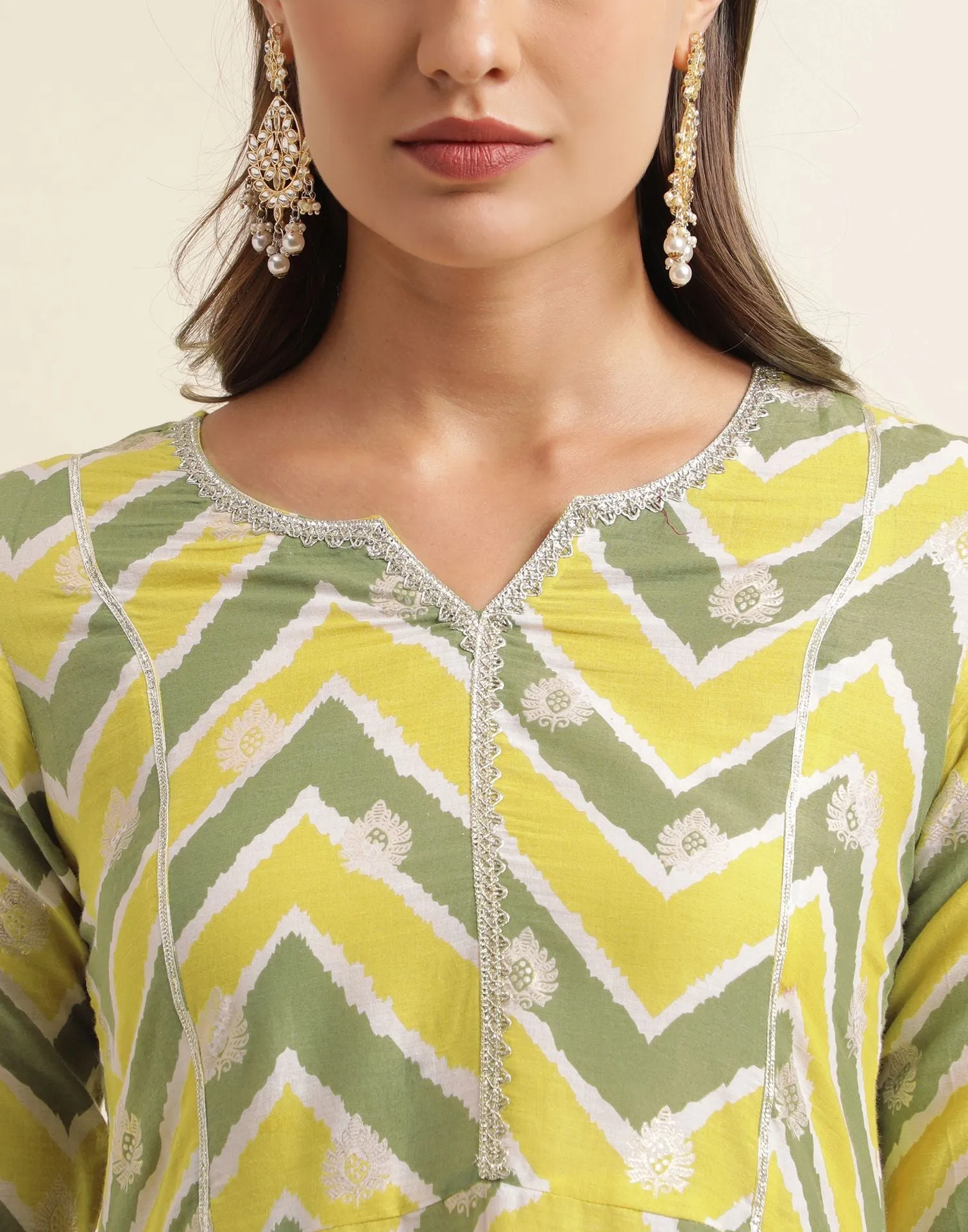 Green Printed Cotton A-Line Kurta With Pant