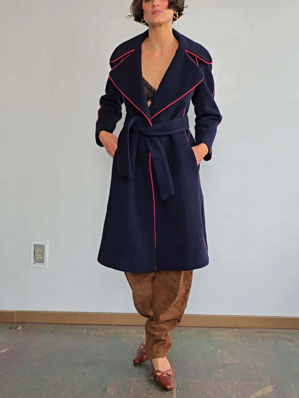 Henri Bendel Piped Wool Coat - Dark Blue