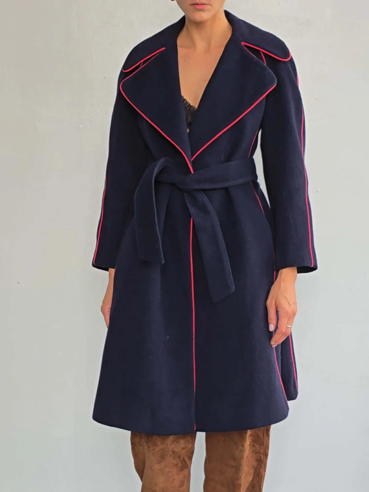 Henri Bendel Piped Wool Coat - Dark Blue