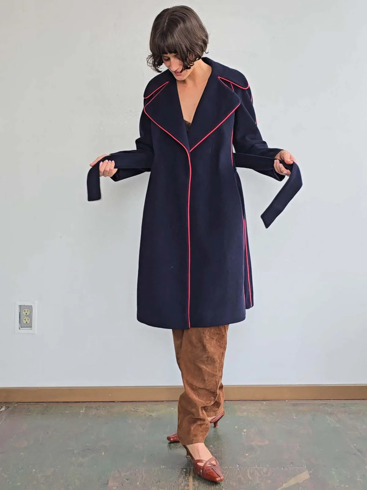 Henri Bendel Piped Wool Coat - Dark Blue