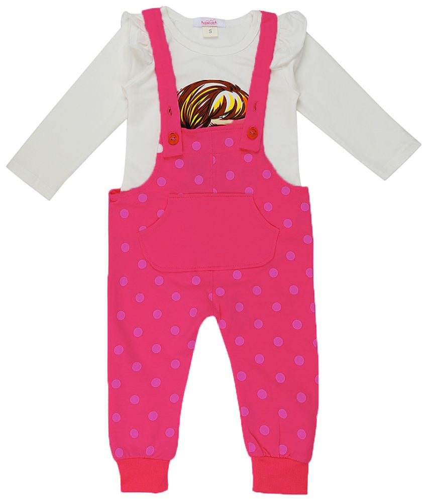 Hopscotch Baby Girls Cotton Doll Print Full Sleeves Top And Dungaree Set in Pink Color X809313