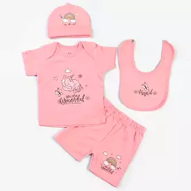 Infant Girls Cotton Poplin 4 Piece Set (T-Shirt/Short/Cap/Bib)-mIX