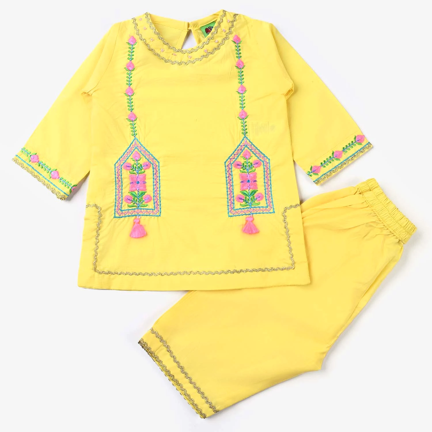 Infant Girls Cotton Slub EMB 2PC Suit Neon Garden-B.Yellow