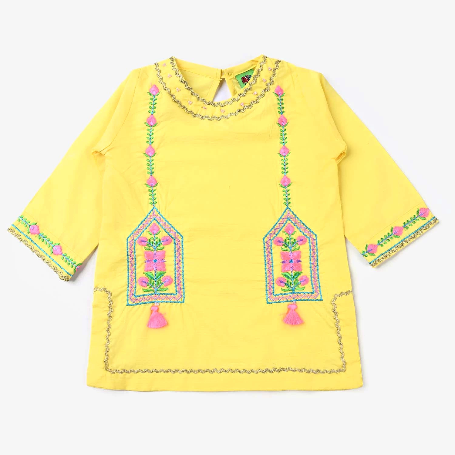 Infant Girls Cotton Slub EMB 2PC Suit Neon Garden-B.Yellow