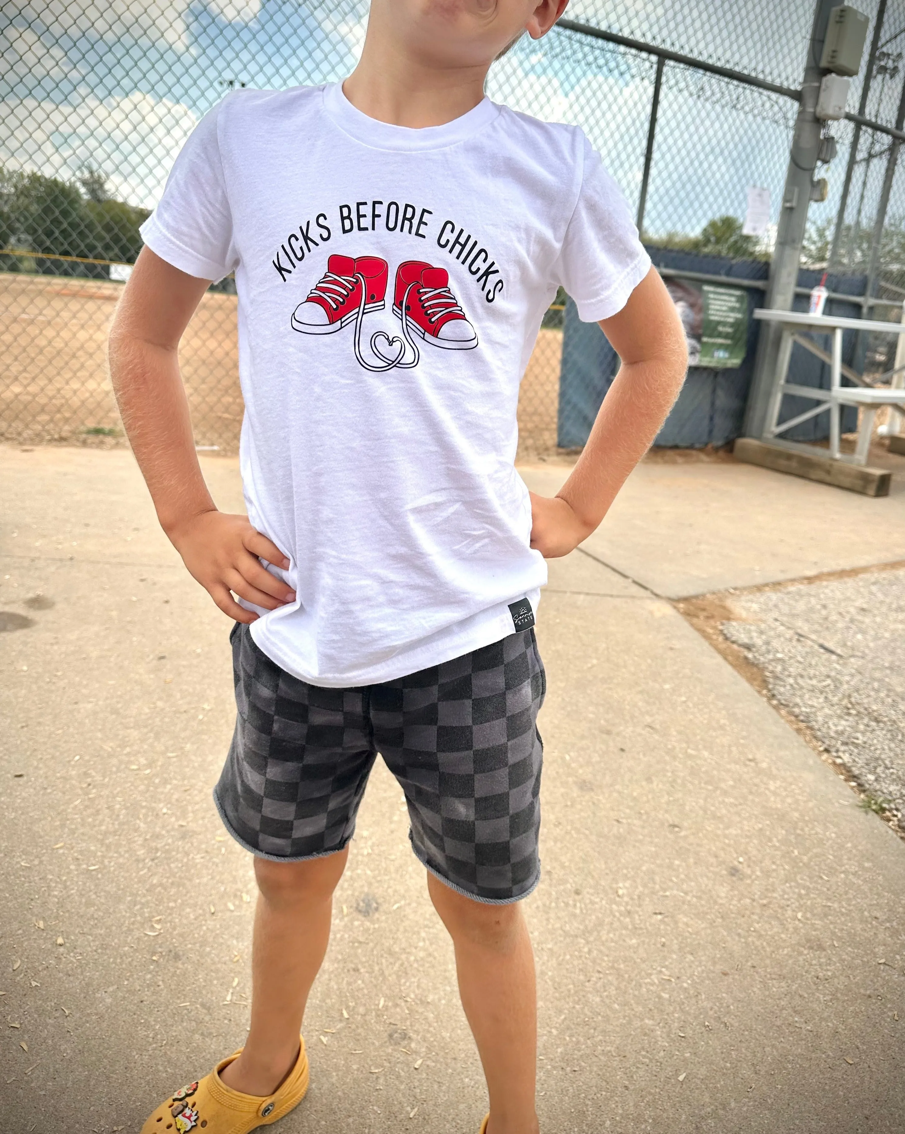 KICKS BEFORE CHICKS BOY'S TEE | WHITE SHIRT & RED SHOES PRINT