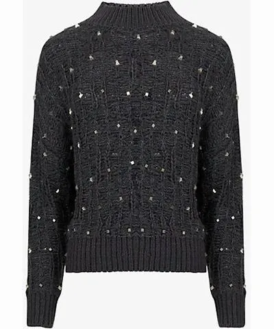 Leem Womens Grey Metal-embellished long-sleeve knitted jumper