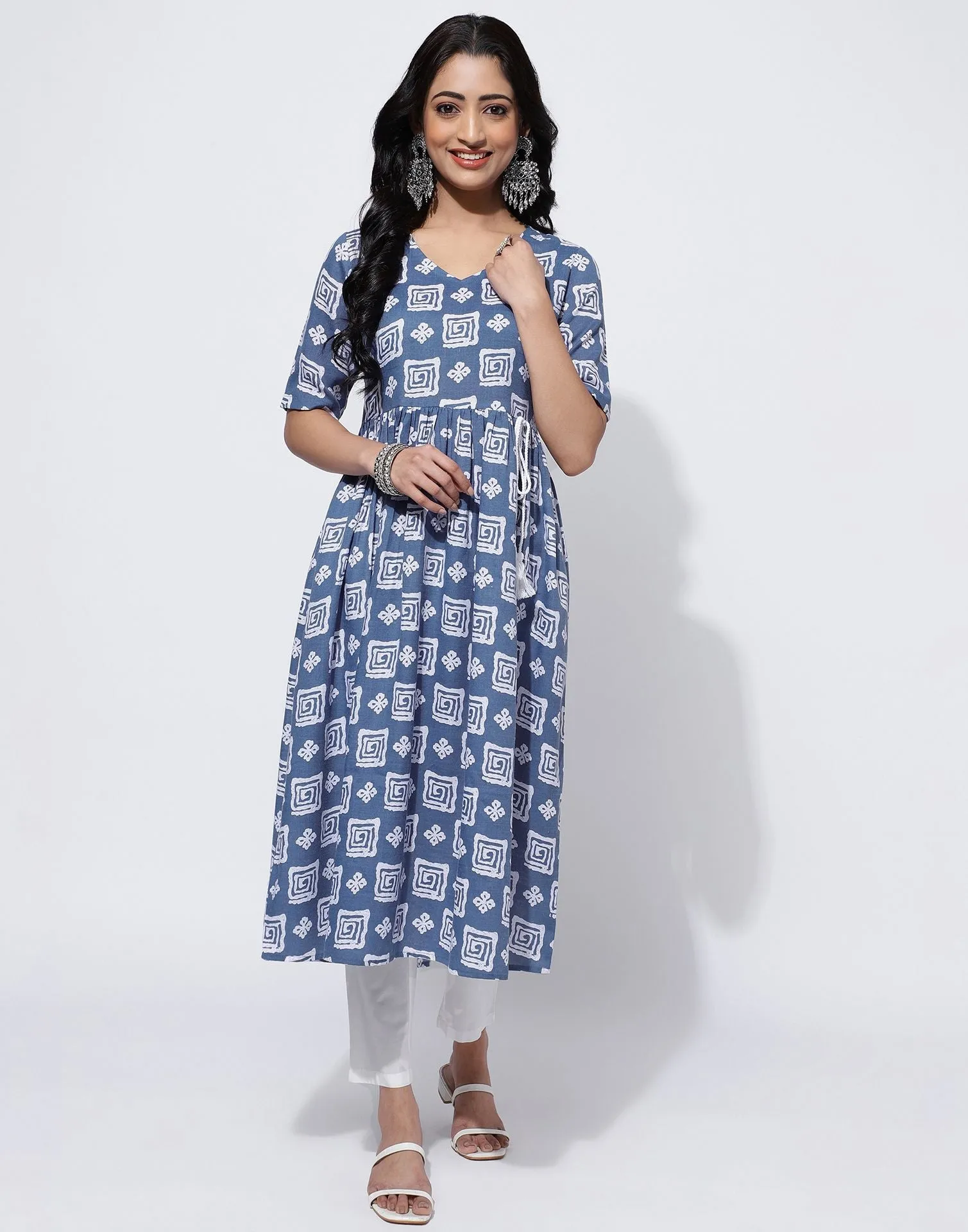 Light Blue Printed Cotton A-Line Kurta With Pant