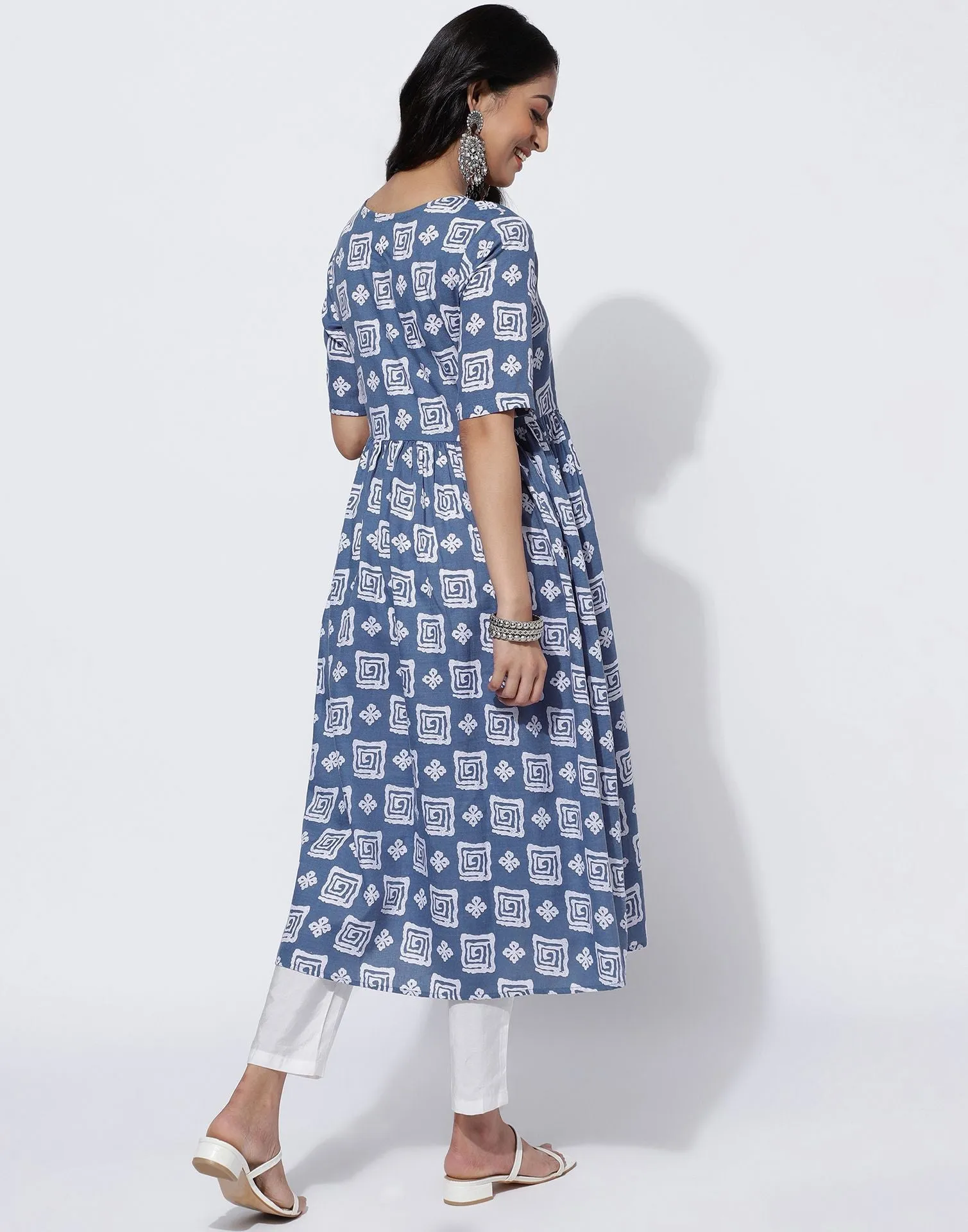 Light Blue Printed Cotton A-Line Kurta With Pant