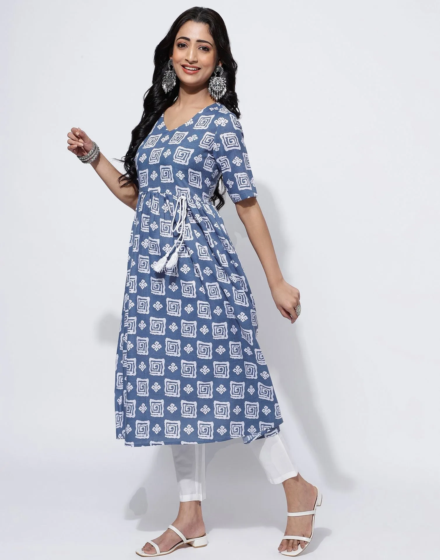 Light Blue Printed Cotton A-Line Kurta With Pant