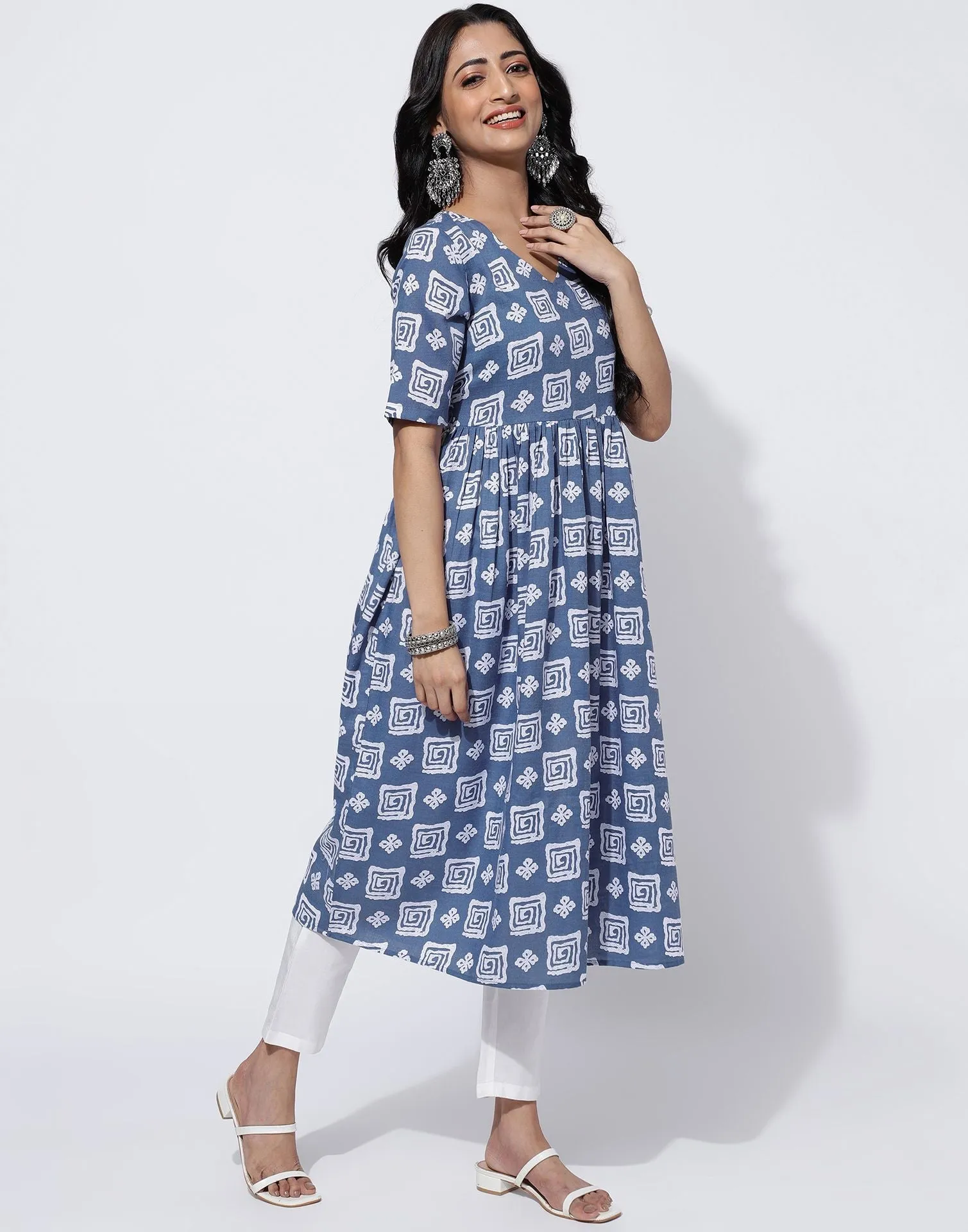 Light Blue Printed Cotton A-Line Kurta With Pant