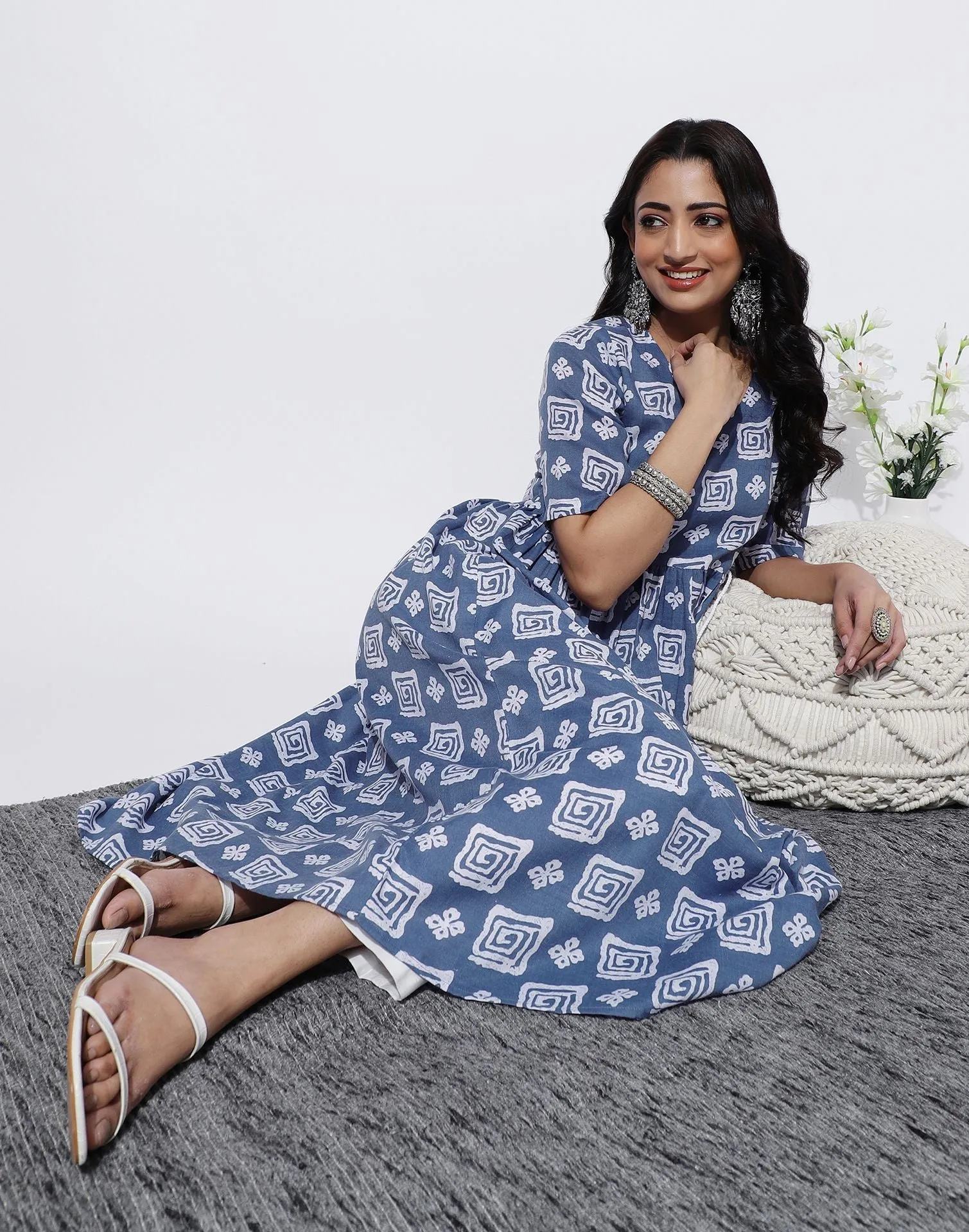 Light Blue Printed Cotton A-Line Kurta With Pant