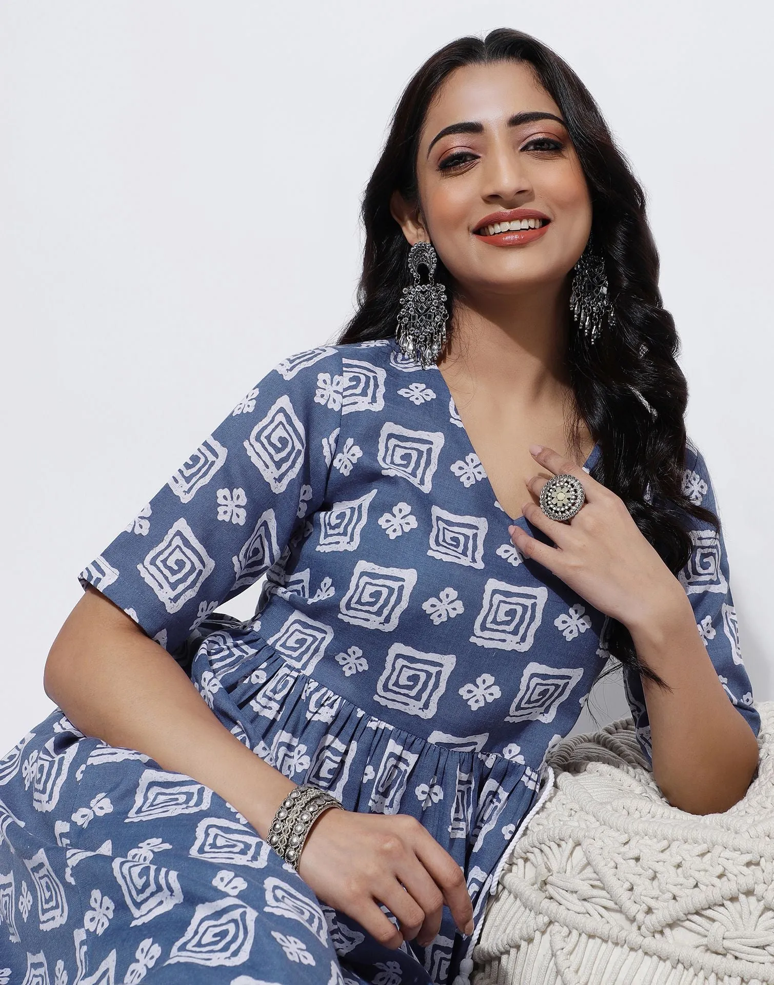 Light Blue Printed Cotton A-Line Kurta With Pant