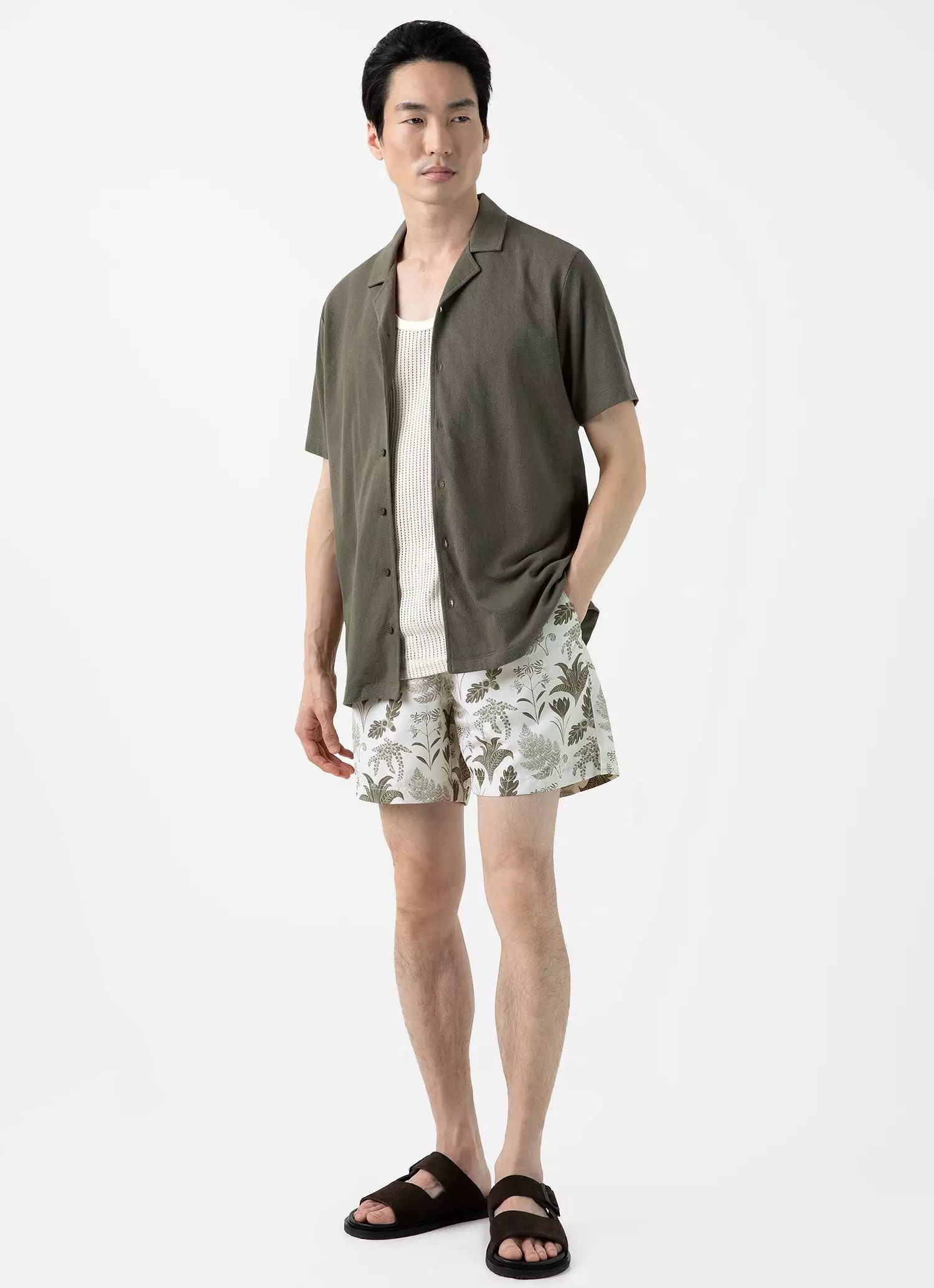 Men's Leaf Print Swim Short in Ecru