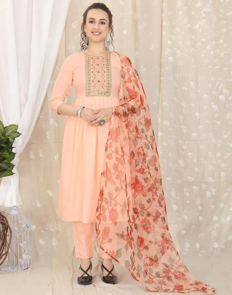 Peach Cotton Embroidery Straight Kurta With Pant And Dupatta