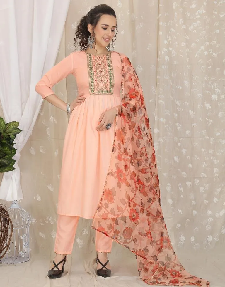 Peach Cotton Embroidery Straight Kurta With Pant And Dupatta