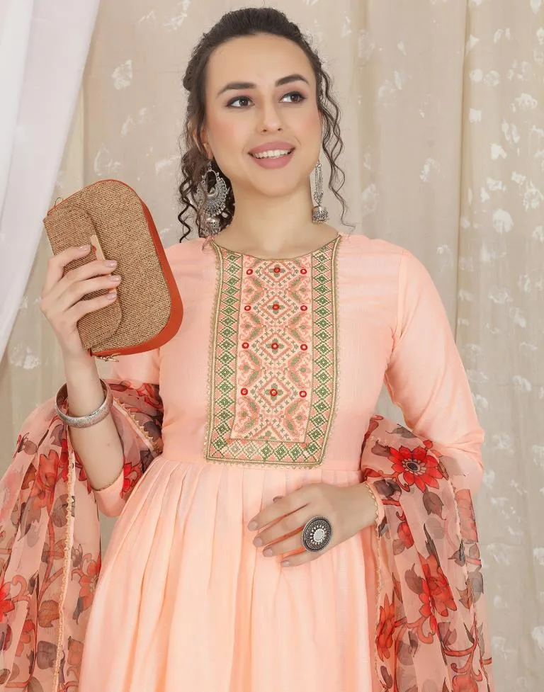 Peach Cotton Embroidery Straight Kurta With Pant And Dupatta