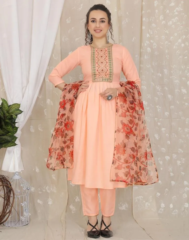 Peach Cotton Embroidery Straight Kurta With Pant And Dupatta