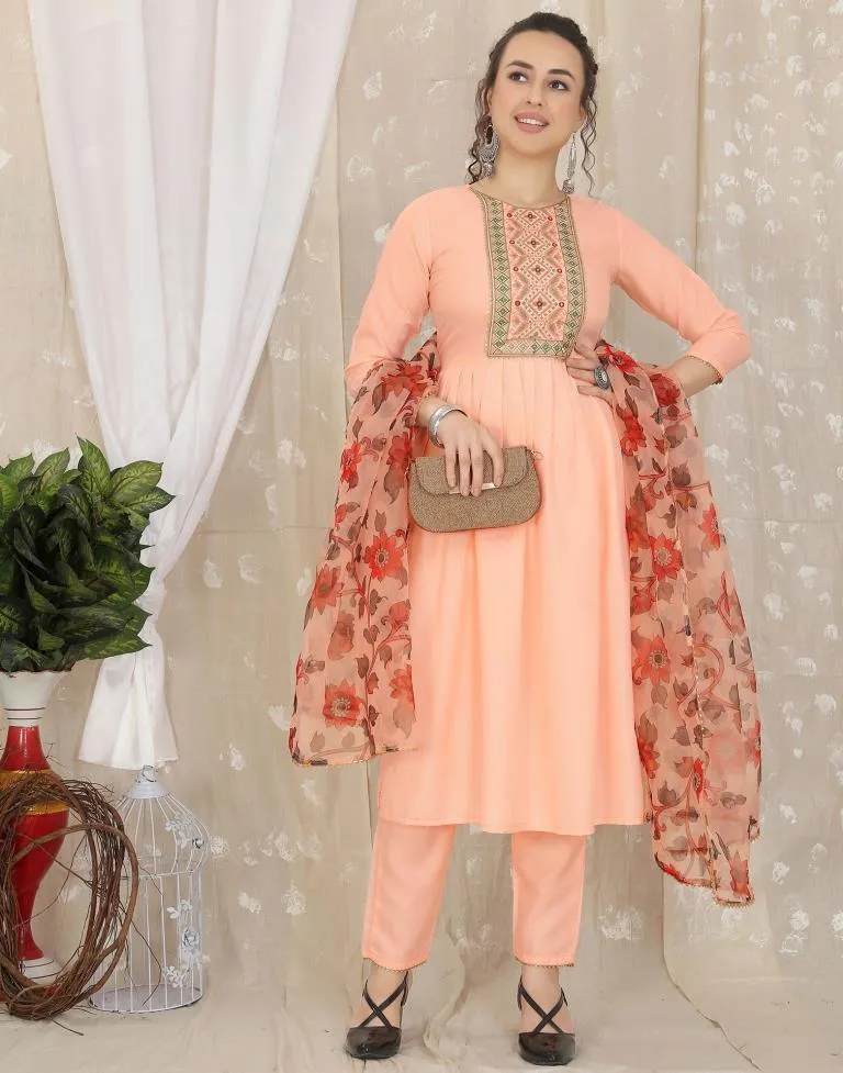 Peach Cotton Embroidery Straight Kurta With Pant And Dupatta