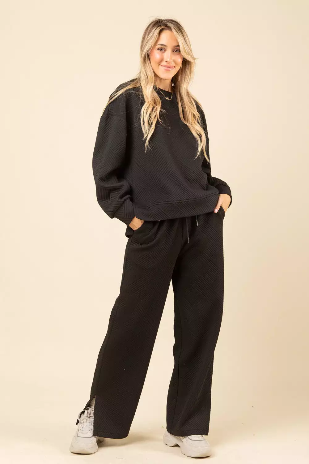 - Quilted Double Knit Loungewear Top & Pants Set- Black