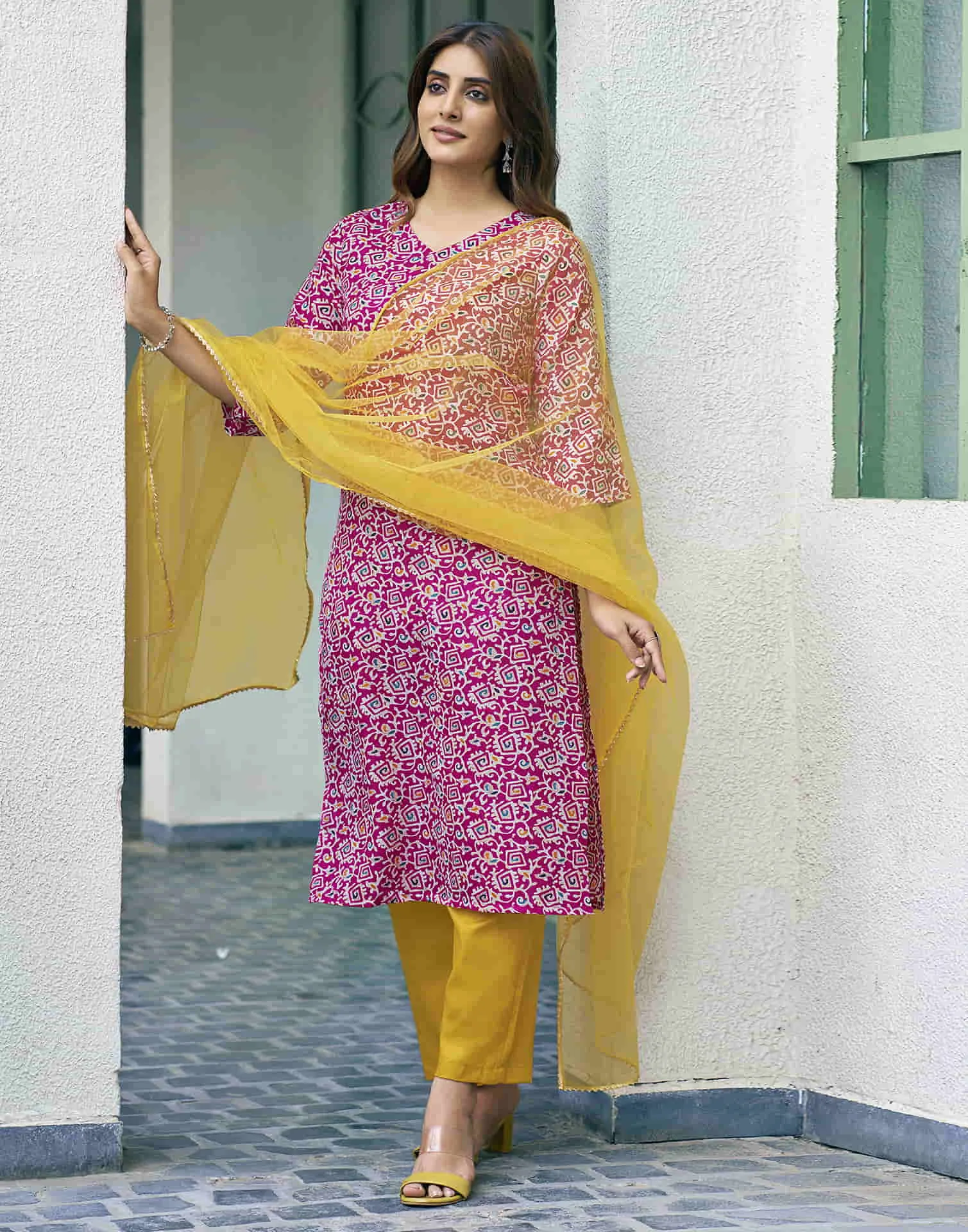 Rama Pink Printed Cotton Straight Kurta With Pant And Dupatta