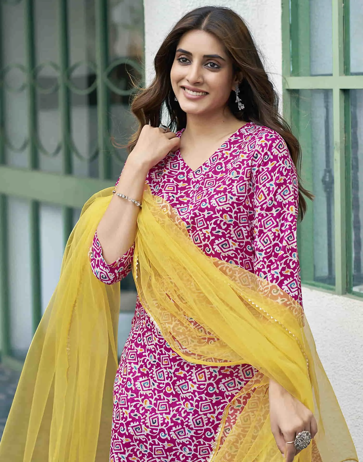 Rama Pink Printed Cotton Straight Kurta With Pant And Dupatta