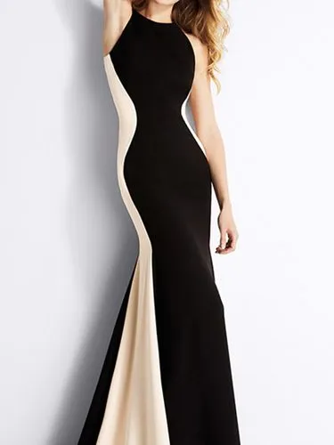 Sheath Dress Elegant Round Neck Backless Color Block Maxi Long Dress Business