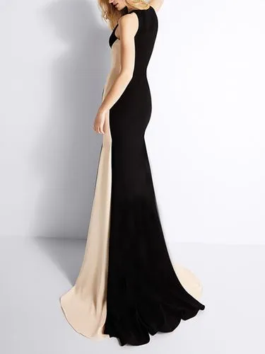 Sheath Dress Elegant Round Neck Backless Color Block Maxi Long Dress Business