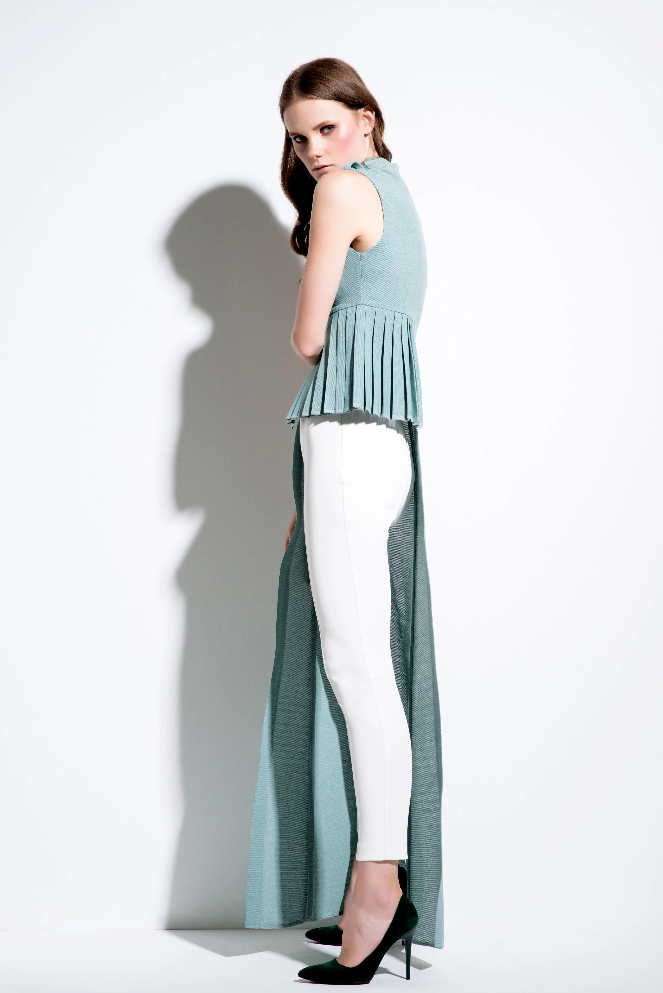 Sleeveless Asymmetri Pleated Cotton Twill Top and Pant