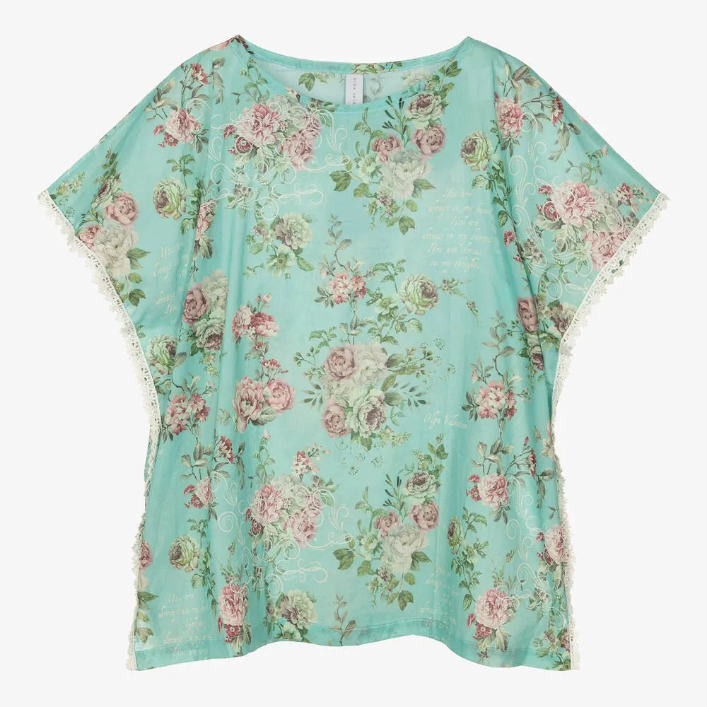 Teen Girls Green Cotton Floral Kaftan