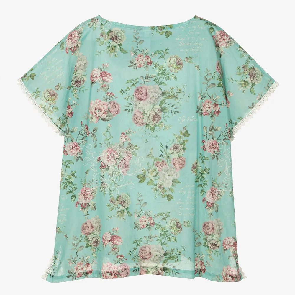 Teen Girls Green Cotton Floral Kaftan