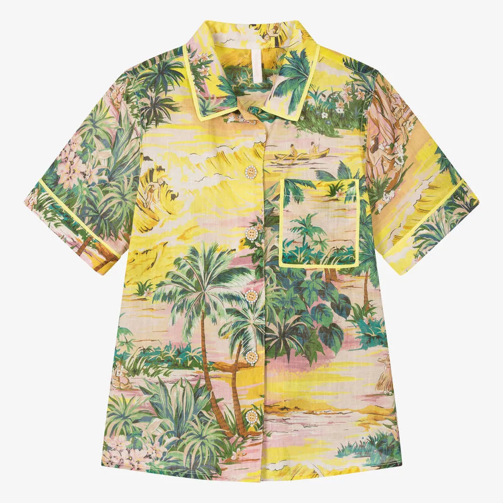 Teen Girls Yellow Cotton Palm Tree Shirt