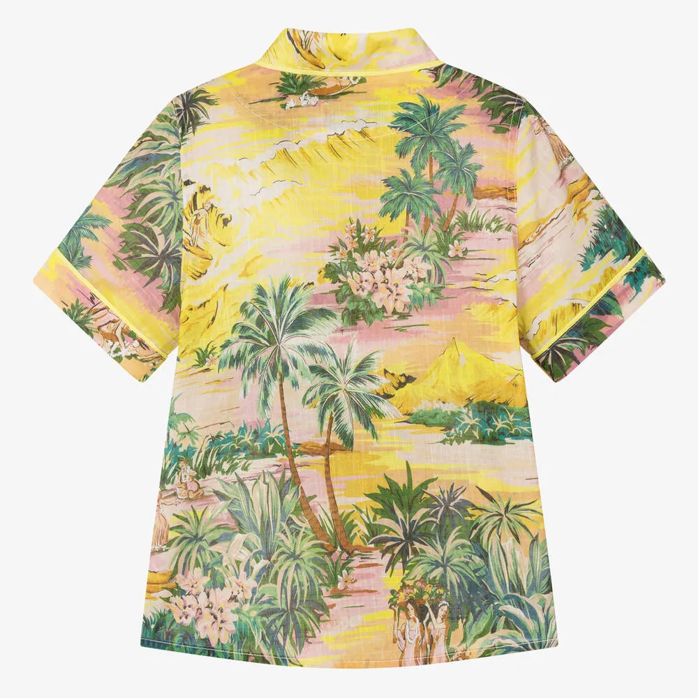 Teen Girls Yellow Cotton Palm Tree Shirt