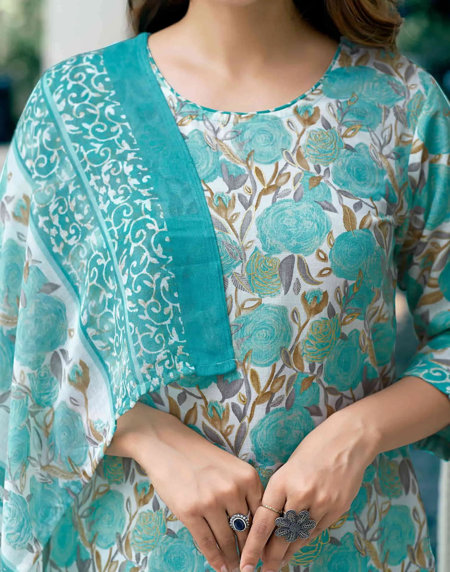 Tourquise Printed Cotton Straight Kurta With Pant And Dupatta