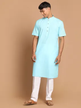 VASTRAMAY Men's Aqua Blue Solid Kurta with White Pant style Cotton Pyjama Set