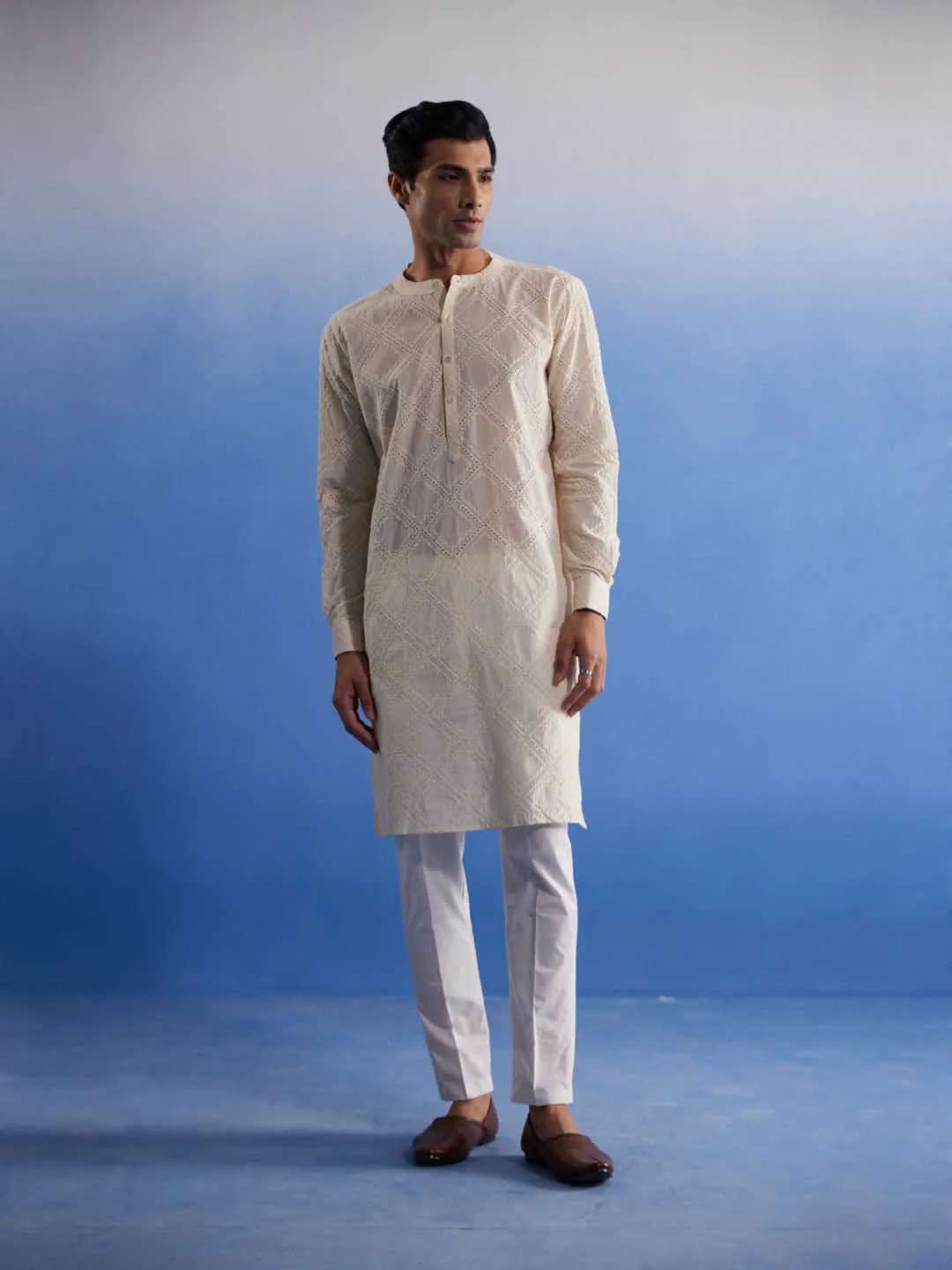 VASTRAMAY Men's Cream Hakooba Cotton Kurta With White Pant