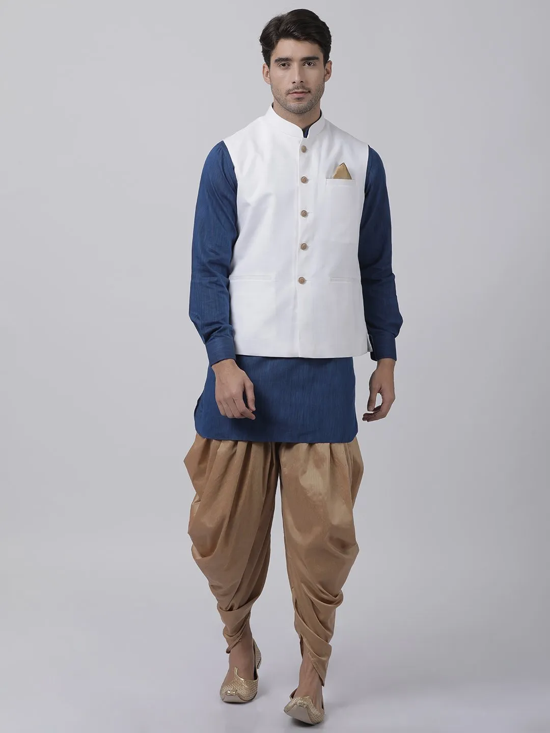 VASTRAMAY Men's Dark Blue Cotton Blend Kurta, White Ethnic Jacket and Dhoti Pant Set