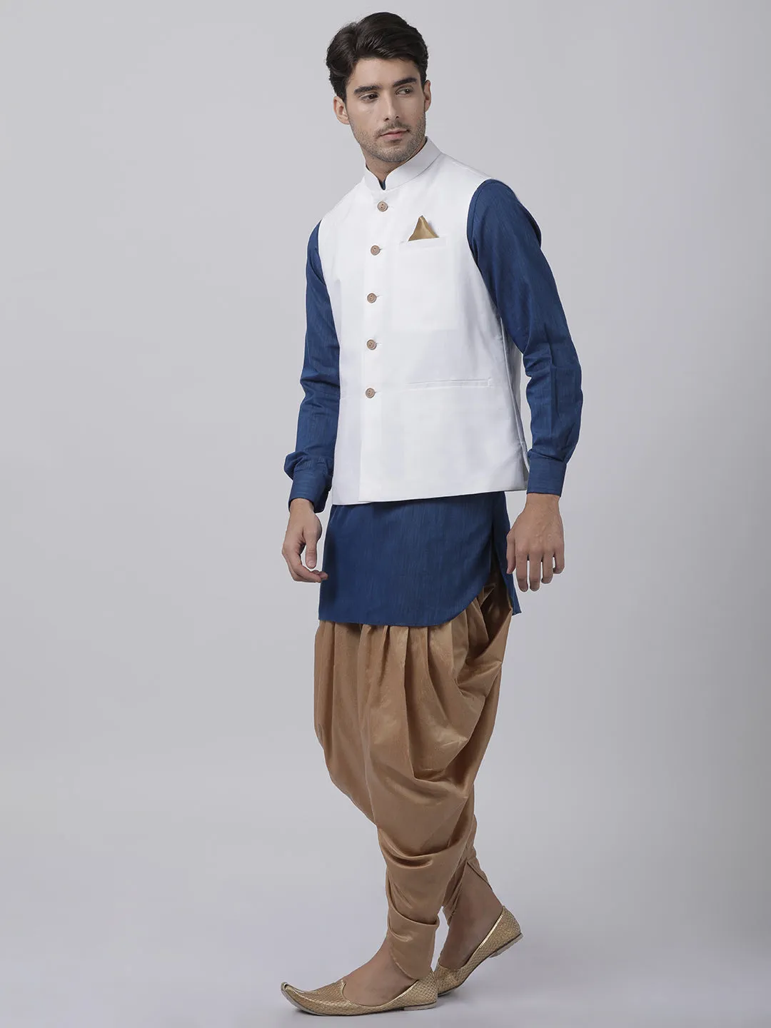 VASTRAMAY Men's Dark Blue Cotton Blend Kurta, White Ethnic Jacket and Dhoti Pant Set