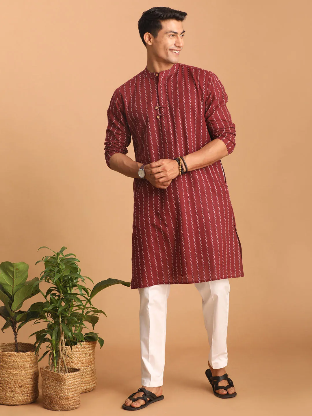 VASTRAMAY Men's Maroon jacquard Zig Zag Cotton Kurta With Pant Set