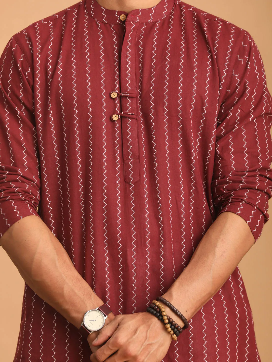 VASTRAMAY Men's Maroon jacquard Zig Zag Cotton Kurta With Pant Set