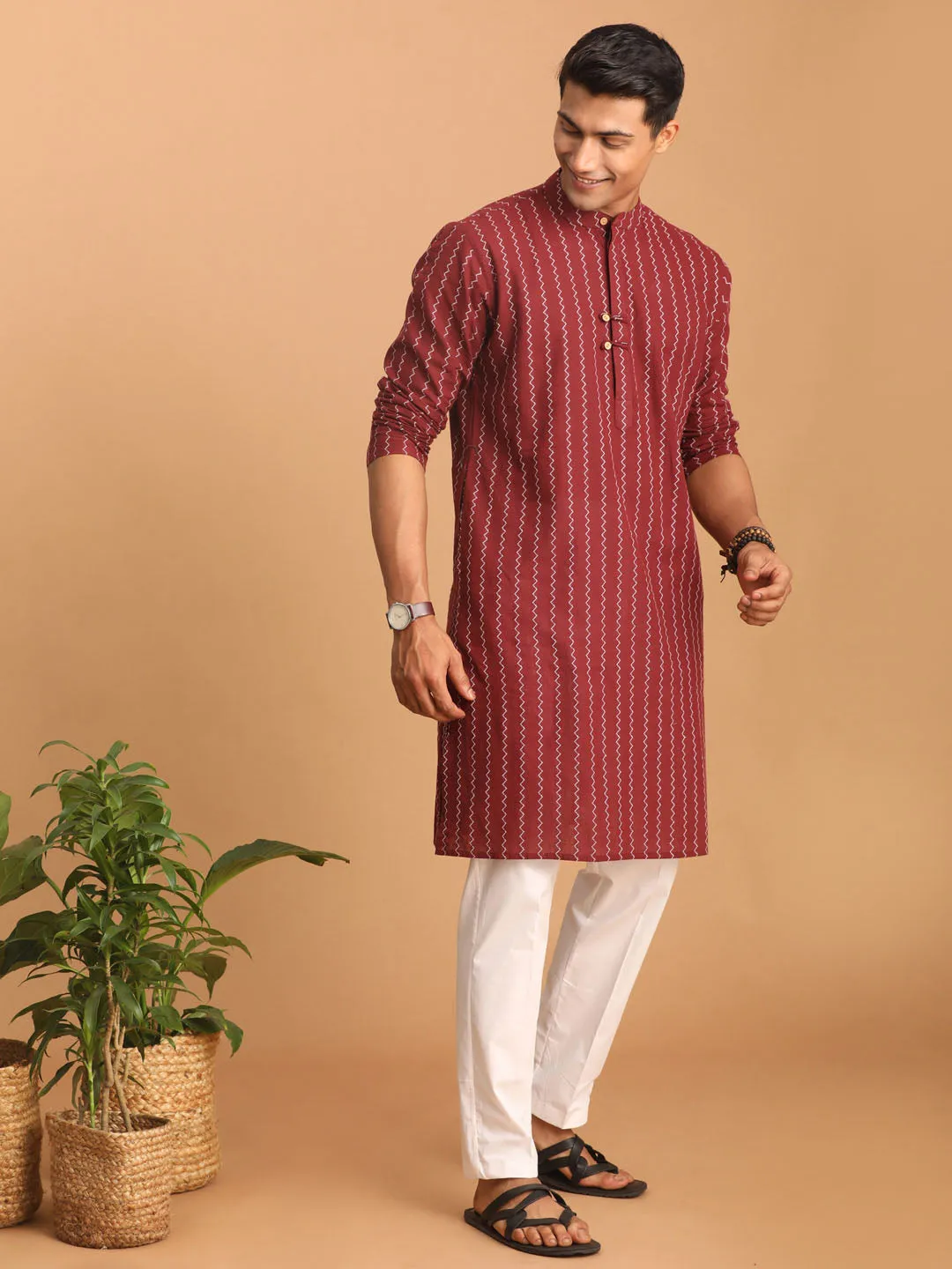 VASTRAMAY Men's Maroon jacquard Zig Zag Cotton Kurta With Pant Set