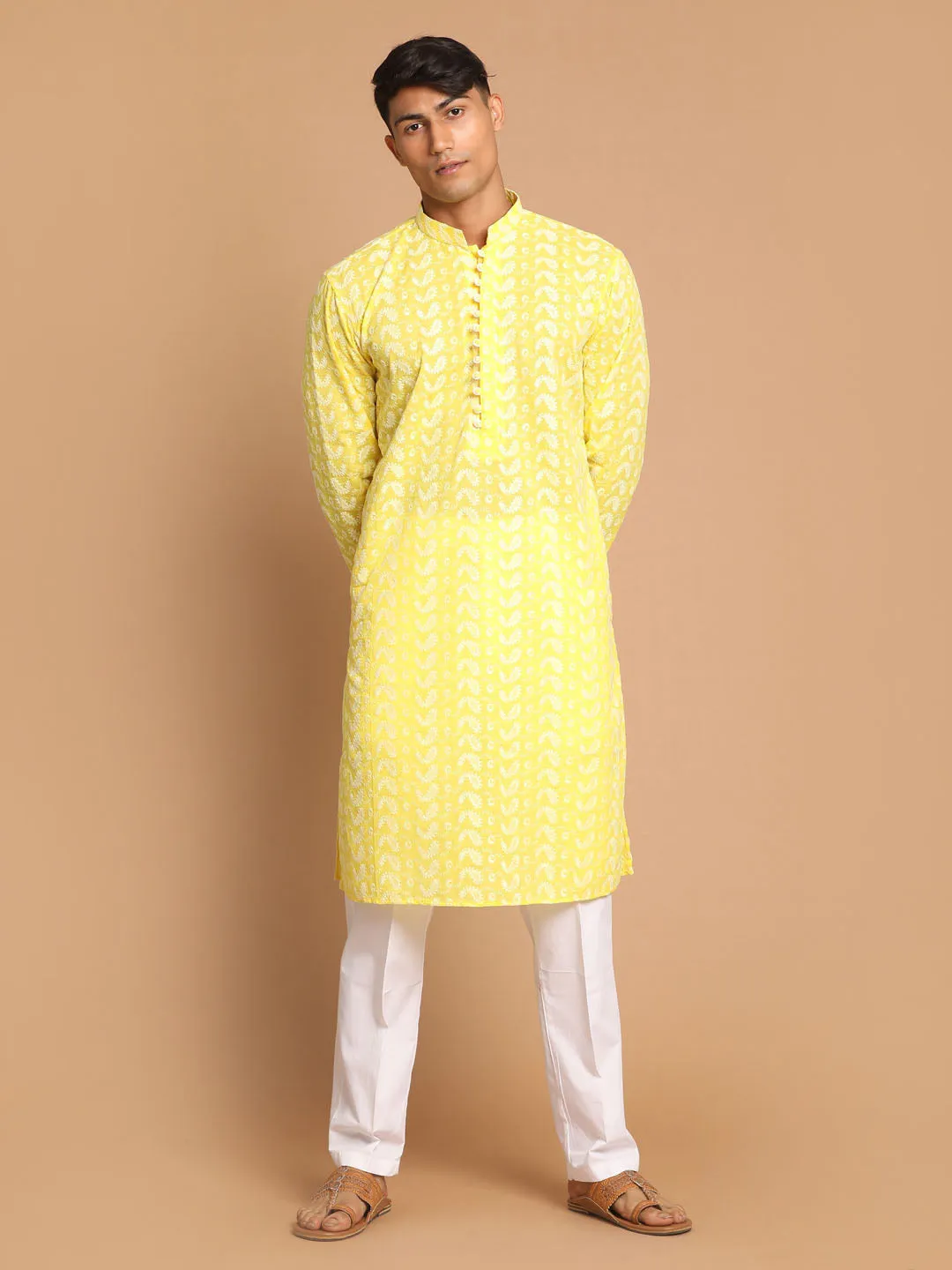 VASTRAMAY Men's Mustard Pure Cotton Chikankari Kurta With Pant set