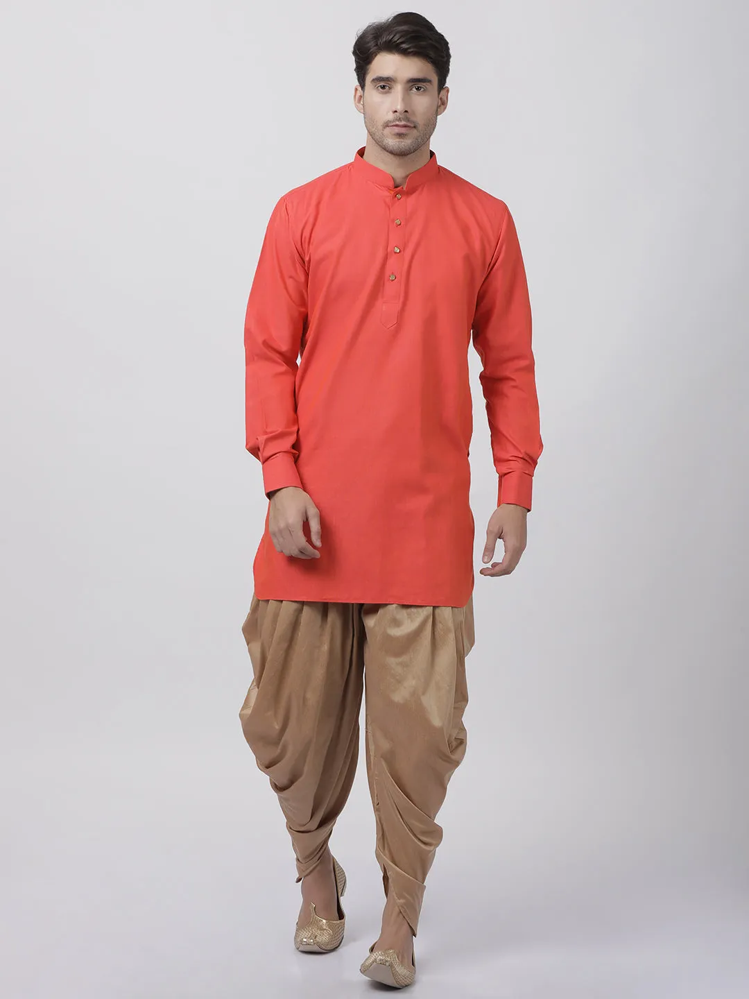 VASTRAMAY Men's Orange Cotton Blend Kurta and Dhoti Pant Set