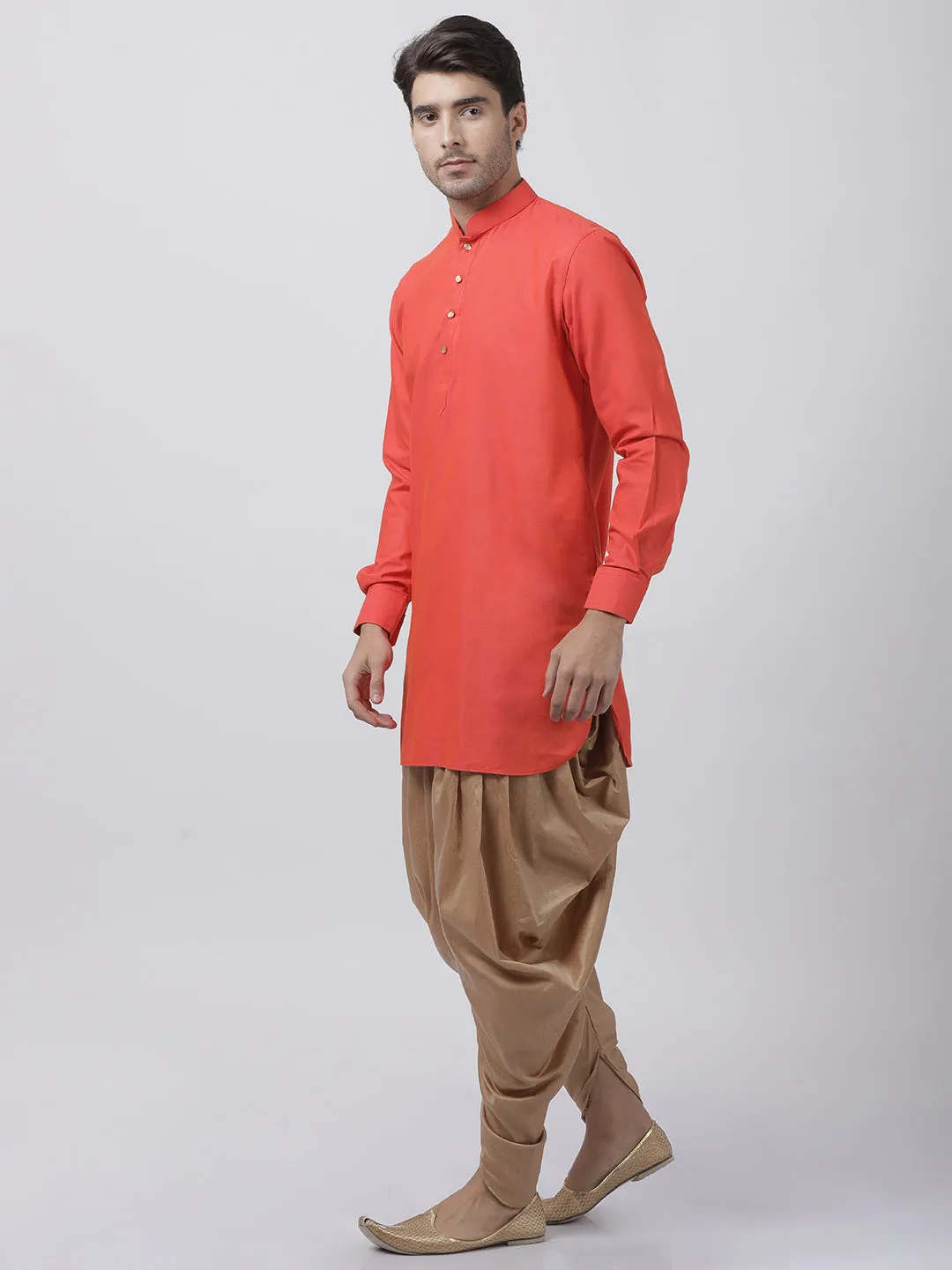 VASTRAMAY Men's Orange Cotton Blend Kurta and Dhoti Pant Set