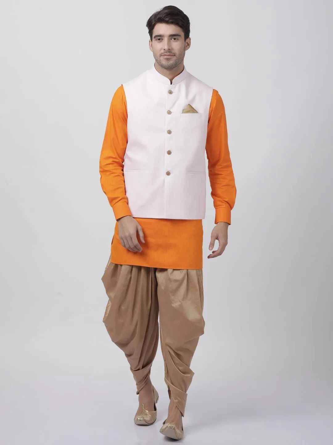 VASTRAMAY Men's Orange Cotton Blend Kurta, Ethnic Jacket and Dhoti Pant Set