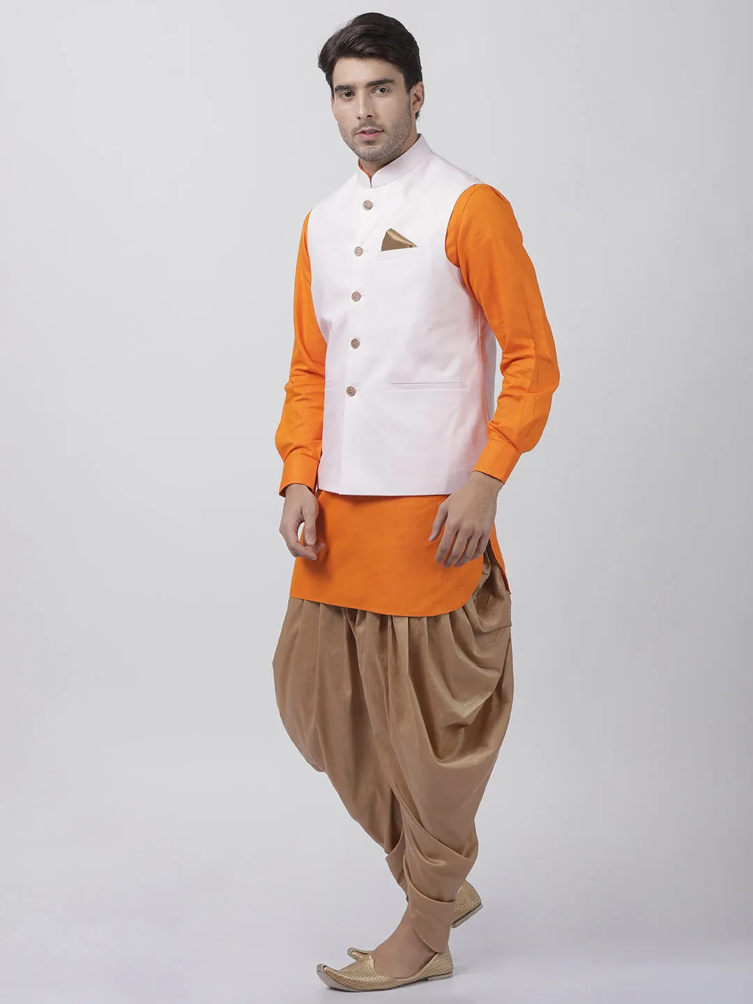 VASTRAMAY Men's Orange Cotton Blend Kurta, Ethnic Jacket and Dhoti Pant Set