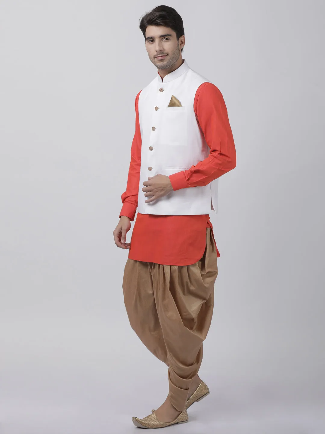 VASTRAMAY Men's Orange Cotton Blend Kurta, White Ethnic Jacket and Dhoti Pant Set