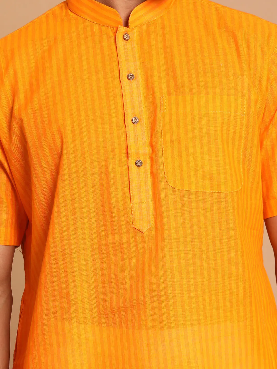 VASTRAMAY Men's Orange Striped Kurta with White Pant style Cotton Pyjama Set