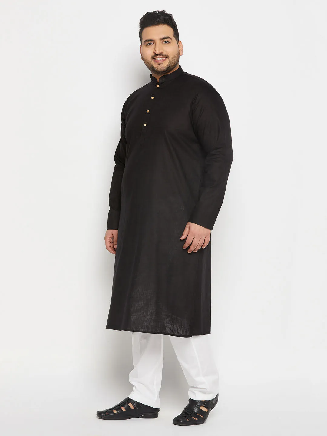 VASTRAMAY Men's Plus Size Black Cotton Kurta And Cotton Pant Style Pyjama Set