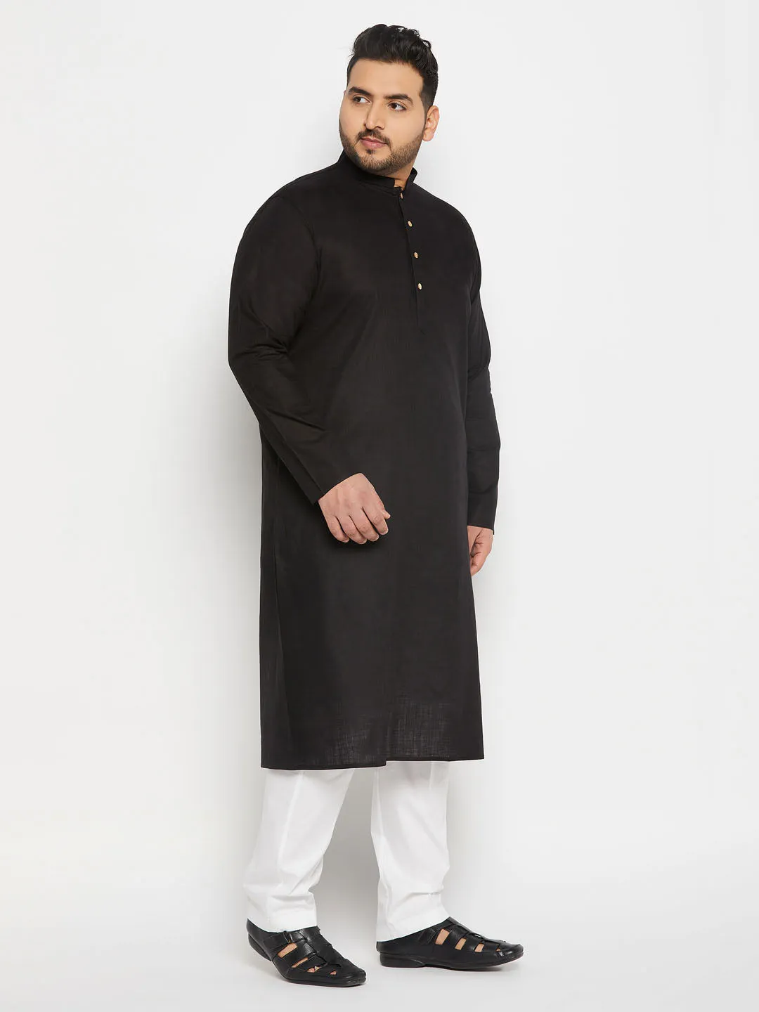 VASTRAMAY Men's Plus Size Black Cotton Kurta And Cotton Pant Style Pyjama Set