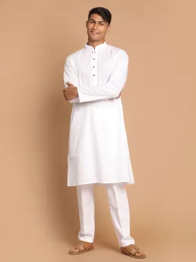 VASTRAMAY Men's White Cotton Kurta With White Cotton Pant Style Pyjama Set